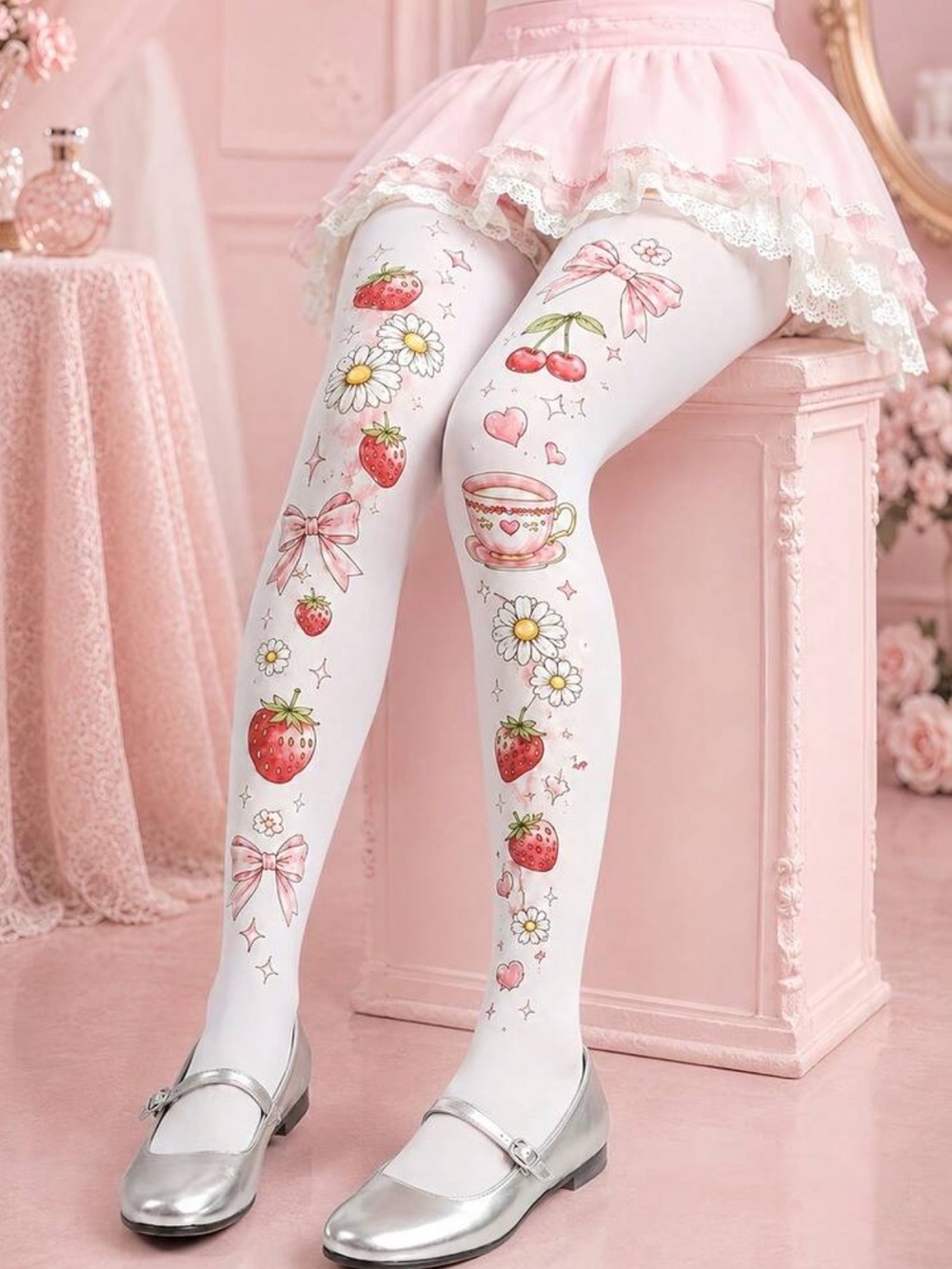Strawberry & Cherry Print Tights – Sweet Lolita Style. Fits XL to 2X
